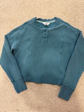 Athleta Teal Blue Waffle-Knit Henley Sweater